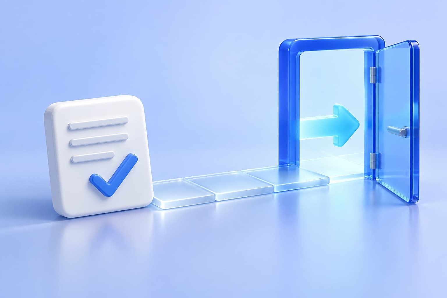 A checked subscription agreement connects by a clear path to an open blue door with an exit arrow.