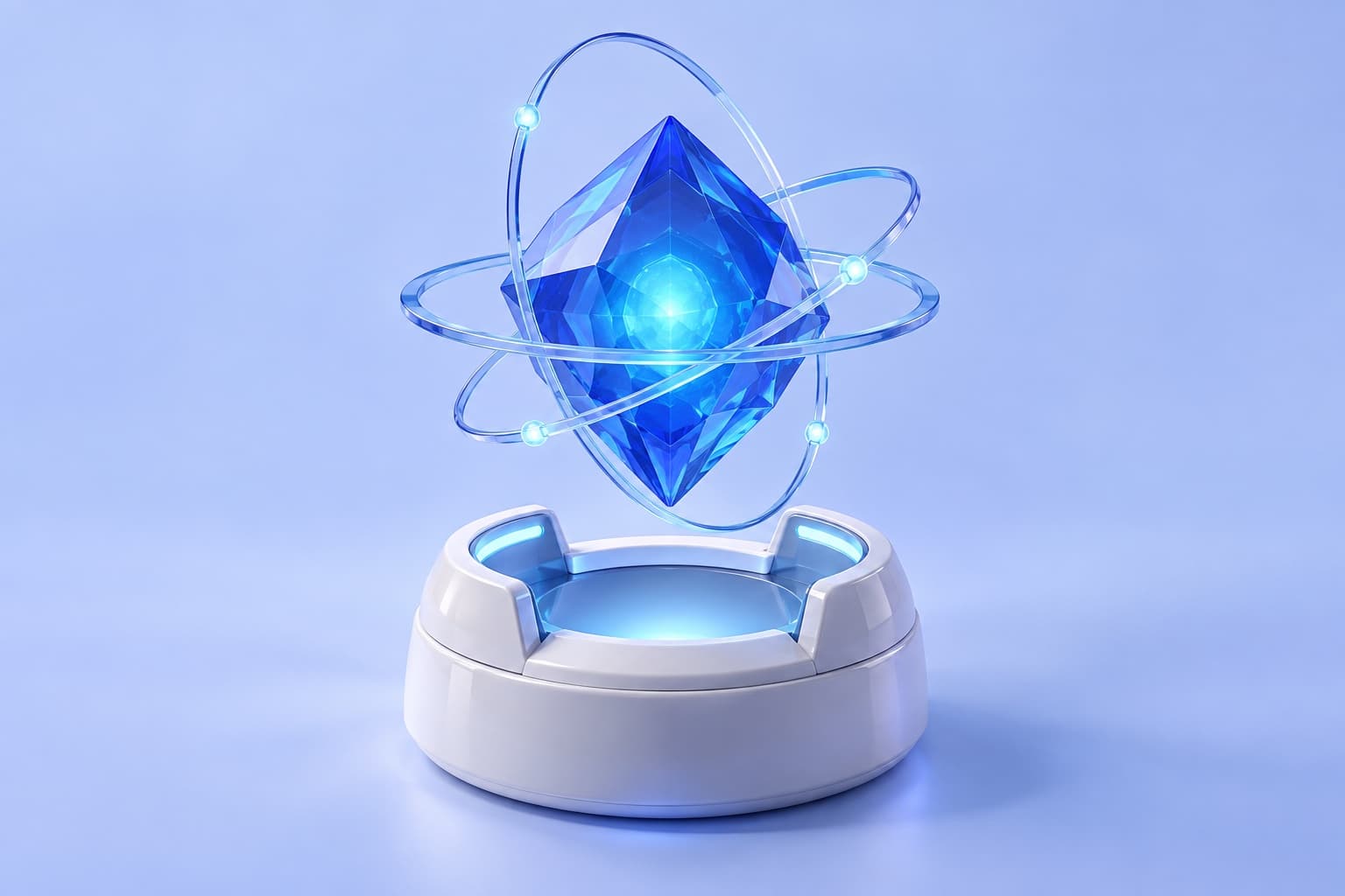 A blue crystal with a glowing cyan core floats within inspection rings above a white docking socket.