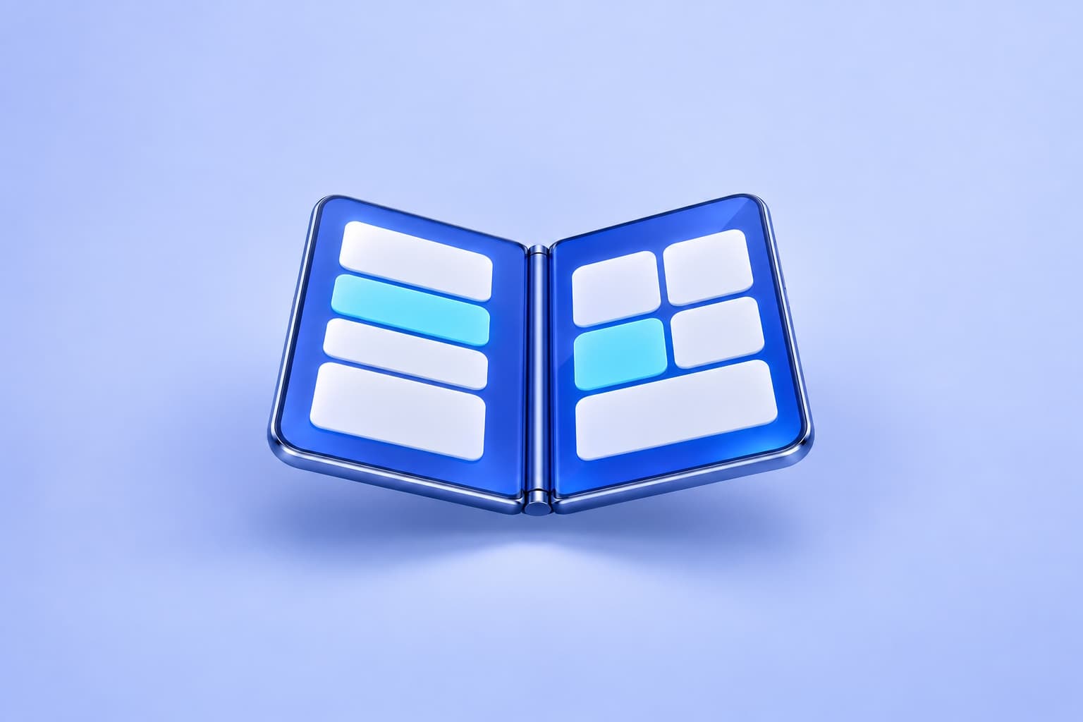 A folding blue device shows a single-column layout beside a two-column layout, with a cyan tile preserved in both.