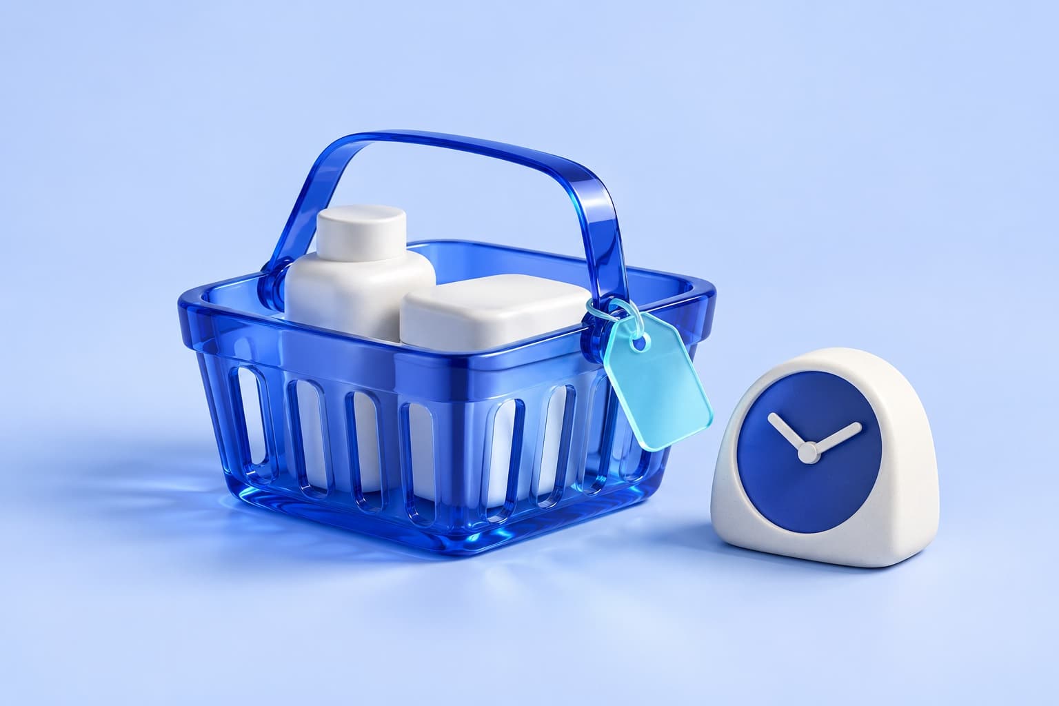 A blue glass shopping basket with a cyan price tag and white products beside a small timer.