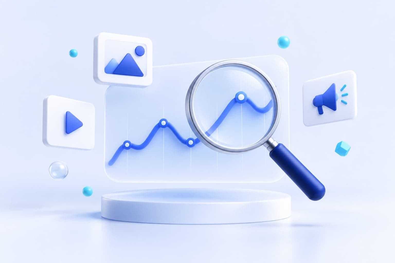 A magnifying glass examines a blue performance chart surrounded by ad-format tiles.