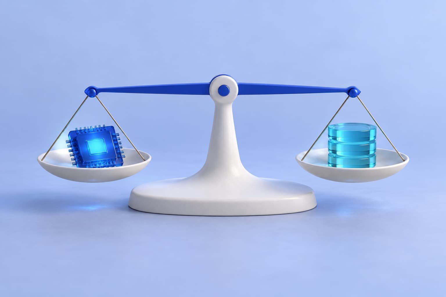 A white balance scale weighs a blue glass microchip against three cyan tokens.