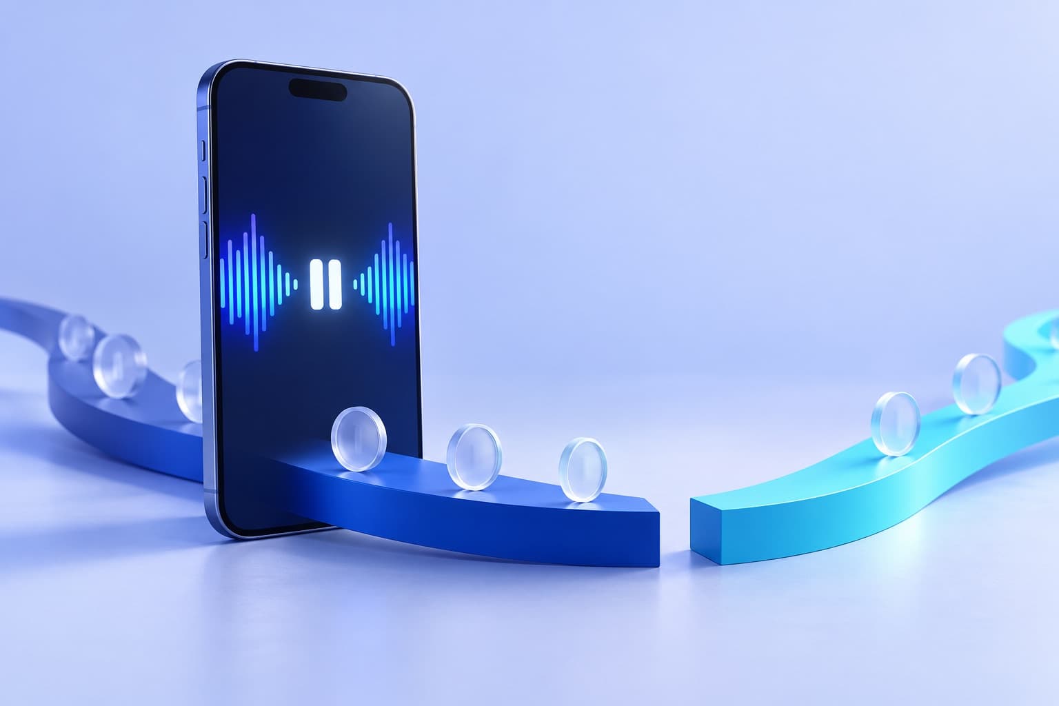 A paused audio waveform on a phone beside a broken blue path carrying translucent coins.